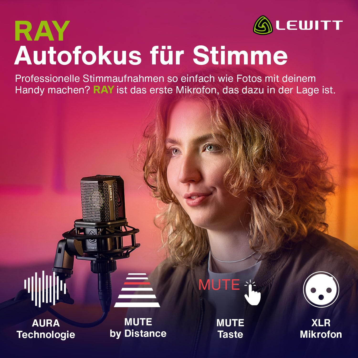 RAY Mikrofon mit Autofokus für Deine Stimme - Mute by Distance und eigene Mute Taste - Für Podcasts, Streaming, Content und Musikproduktion in Studioqualität - 1-Zoll Studiokapsel