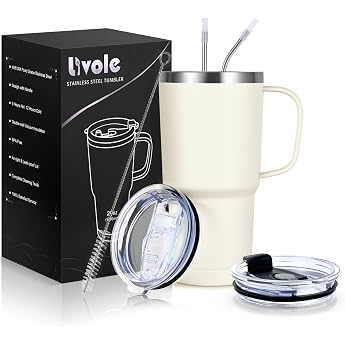 Livole 600 ml Thermal Mug with Handle Vacuum Coffee Mug Stainless Steel Thermal Mug with Straw and Lid 20 oz Double-Walled Drinking Cup Travel Mug Coffee to Go Mug Wool White