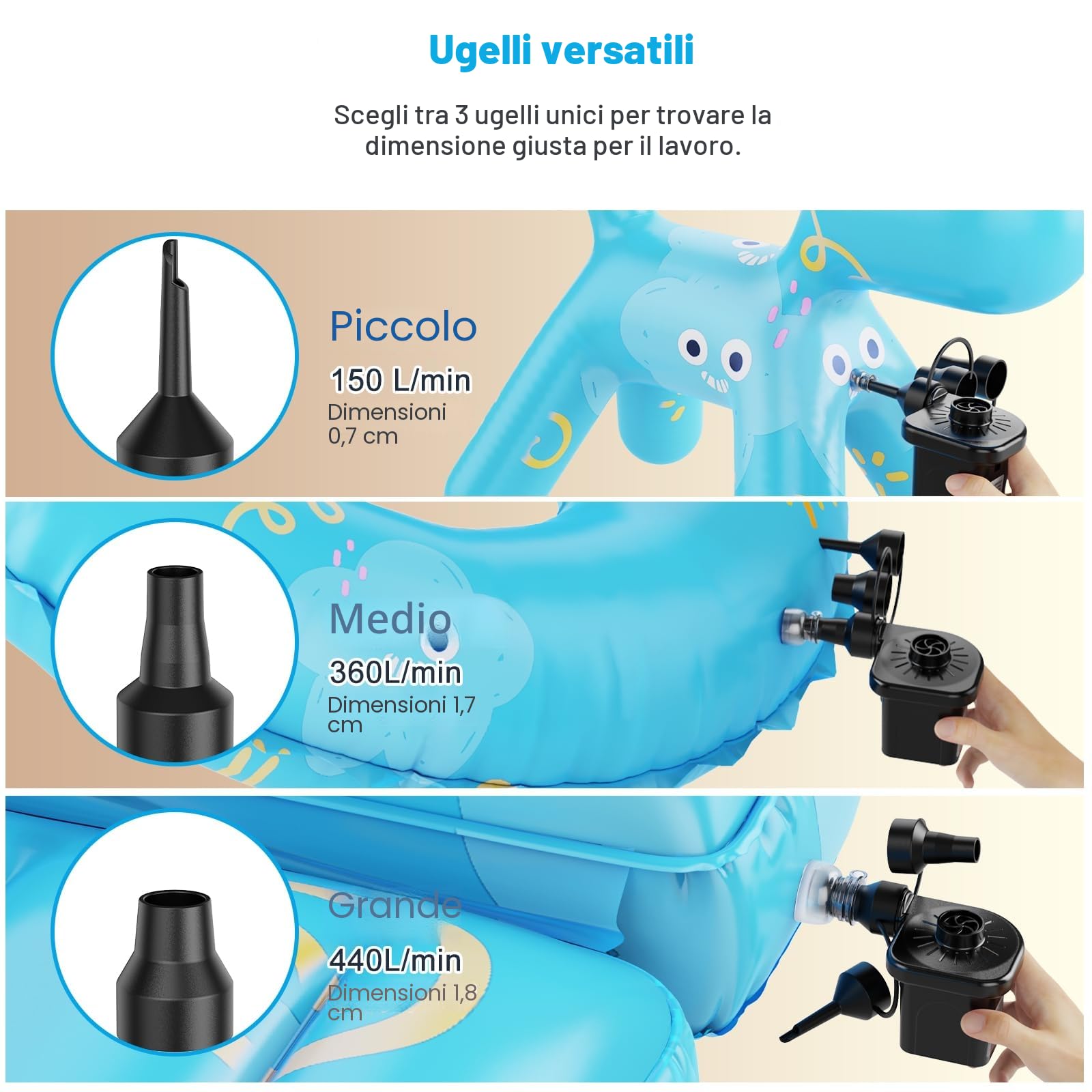 Pompa Elettrica Gonfiabile 220-240V 3 Ugelli per Campeggio Materassini Barche Galleggianti