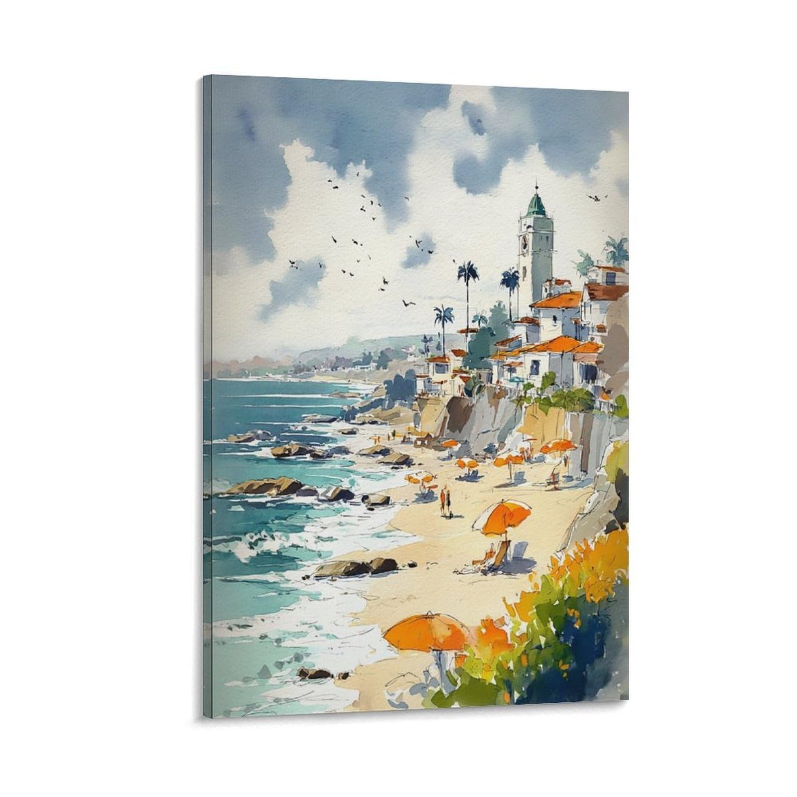 LCYNNH Corona Del Mar Watercolor Painting Newport Beach Coastal Art 08x12inch(20x30cm) Print Home Bedroom Office Living Room Decor Canvas