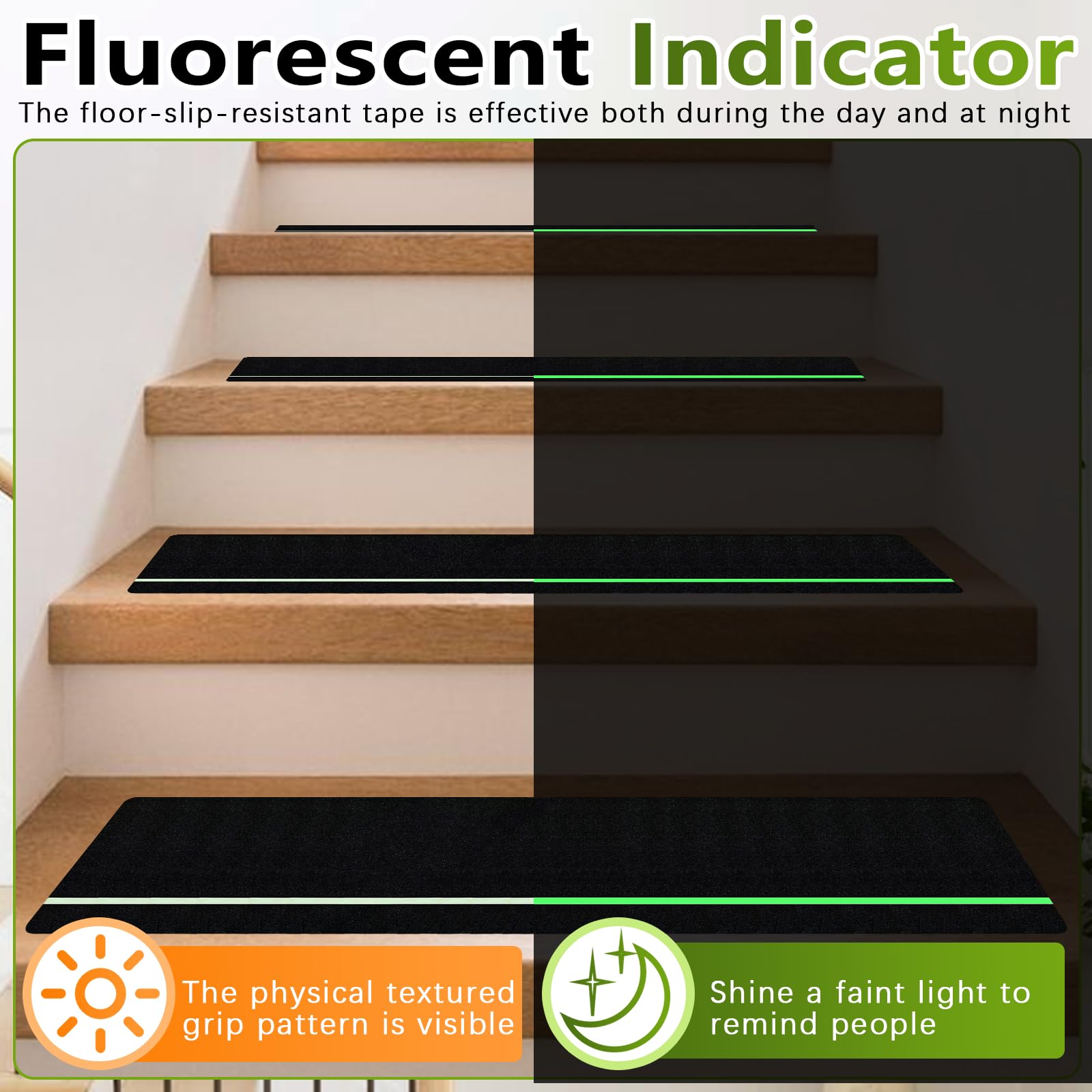 Marches D'escalier, 20 Pièces de 15 x 76 cm Ruban Antidérapant avec Bandes Fluorescentes de 6 mm Bande Antidérapante Escalier Prédécoupé et Autocollant pour Escaliers Entrées Rampes et Ateliers