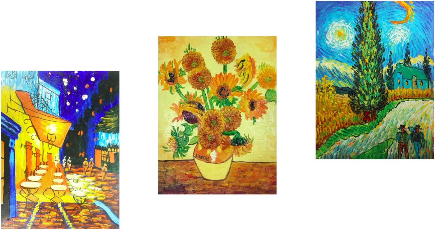 Hand Painted Oil Painting on Canvas Vincent Van Gogh's Famous Classic 3 Artworks Combination of 3 Pictures Wall Decor Framed Ready to Hang Canvas 12x16inx3pcs