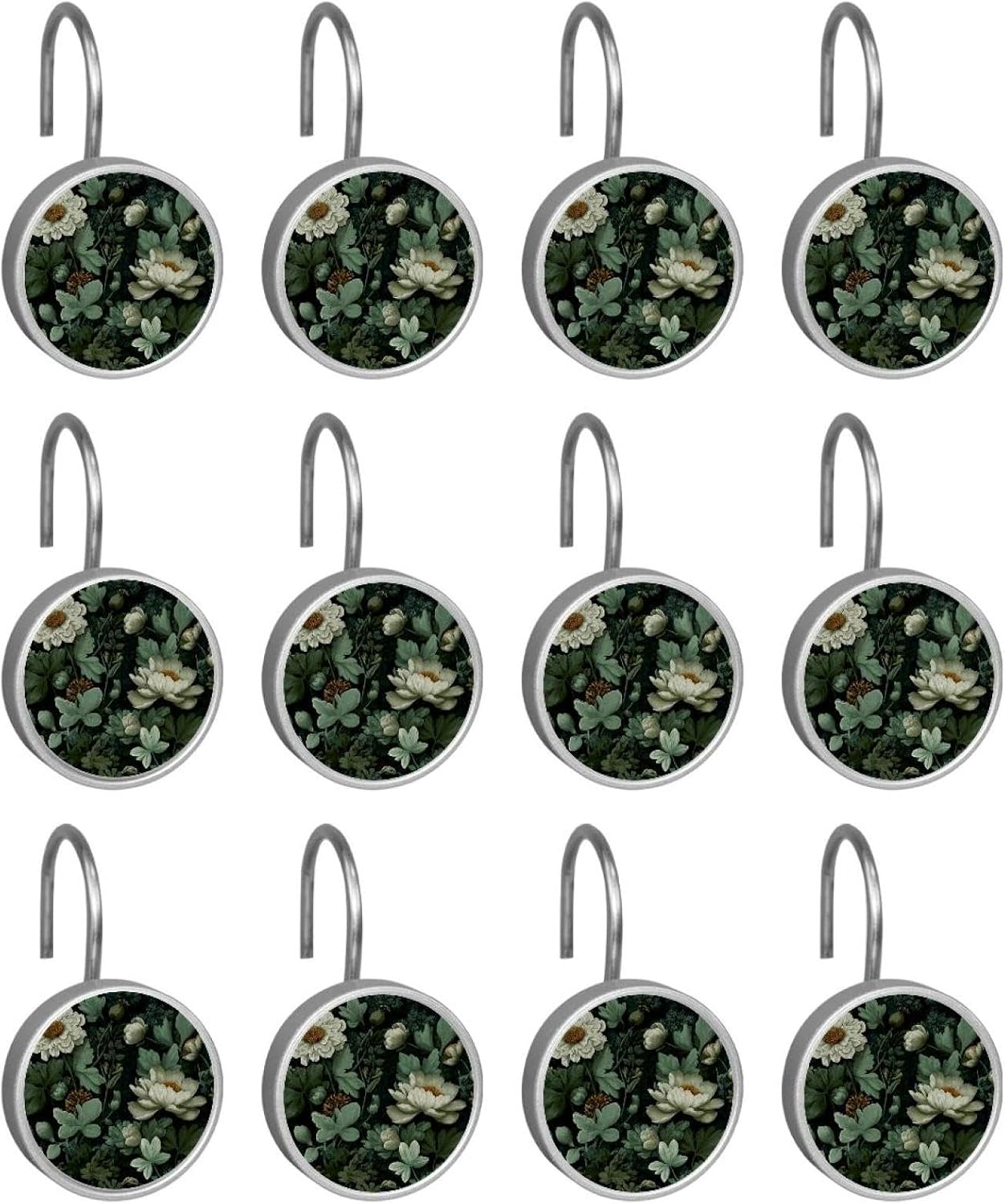 Sage Green Flowers (3) Shower Curtain Hooks, Rustproof Shower Curtain Rings for Bathroom, Stainless Steel Shower Hooks for Shower Curtain Rod, Decorative Shower Curtain Hangers Set of 12