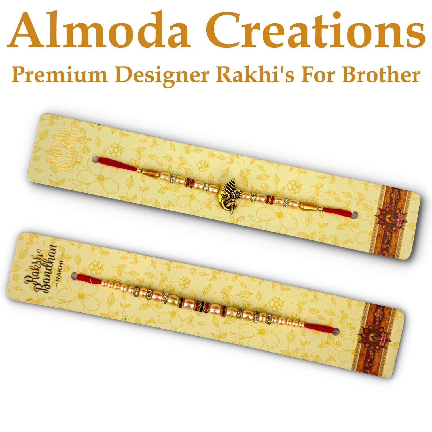 Almoda Creations Rakhi Gift with Ferrero Rocher Chocolate, 2 Panchdhatu Rakhi For Brother, Greeting Card, Roli Moli, Kalawa, Rakhi Gift Box, Personalized Rakhi Message 1