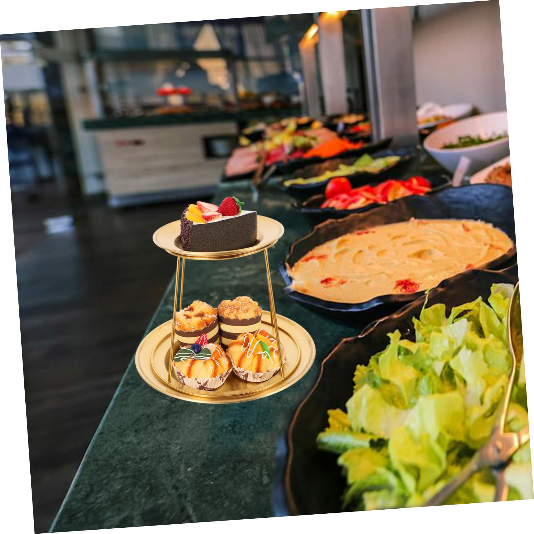 Ciieeo Soporte para Servir de 2 Niveles de Acero Inoxidable Dorado, Diseño Elegante y Simple, Fácil Mantenimiento y Optimización de Espacio para Buffets y Cenas