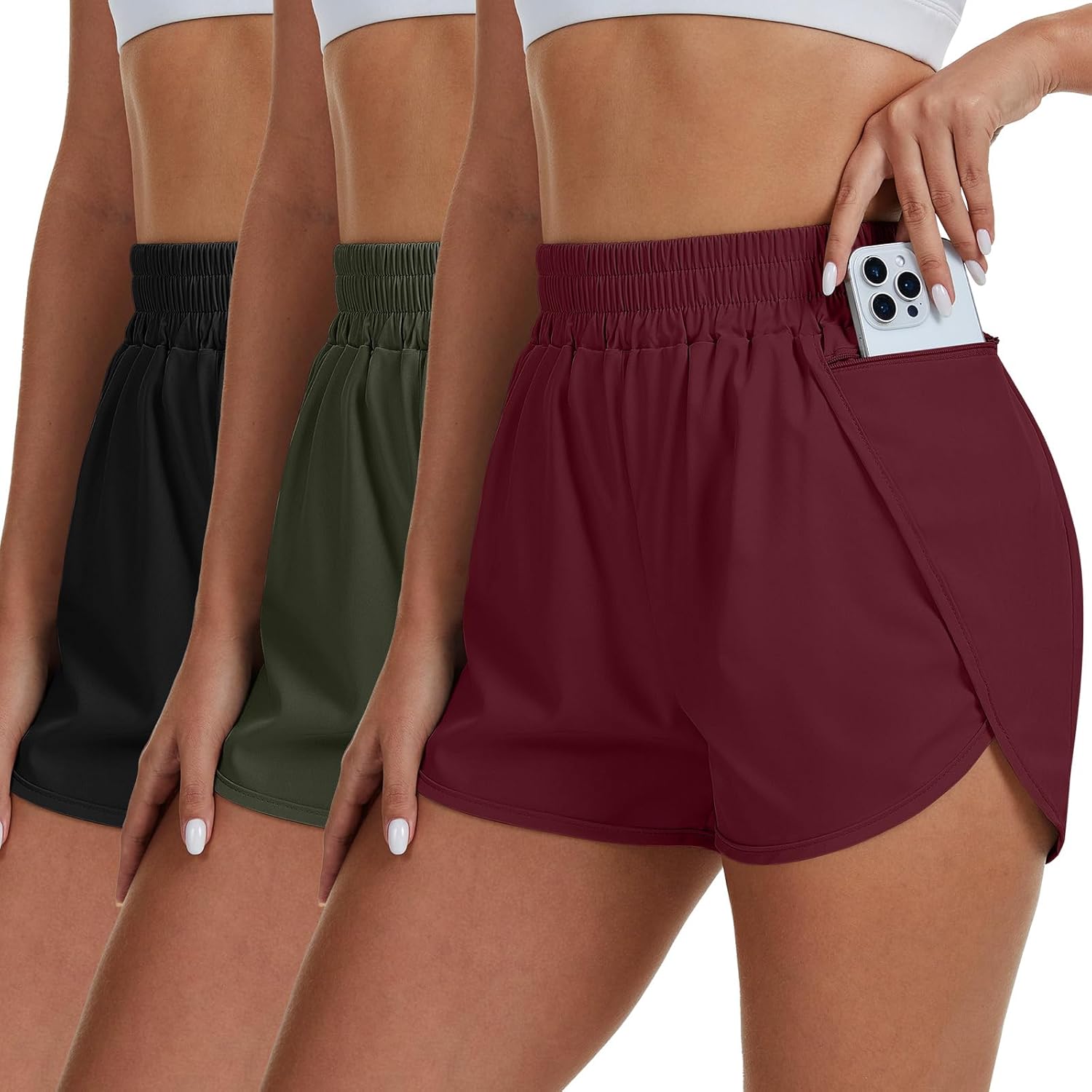 Coume 3 Pack Women's Running Shorts with Pockets Quick Dry Elastic Waist Athletic Workout Gym 1.75" Shorts with Liner