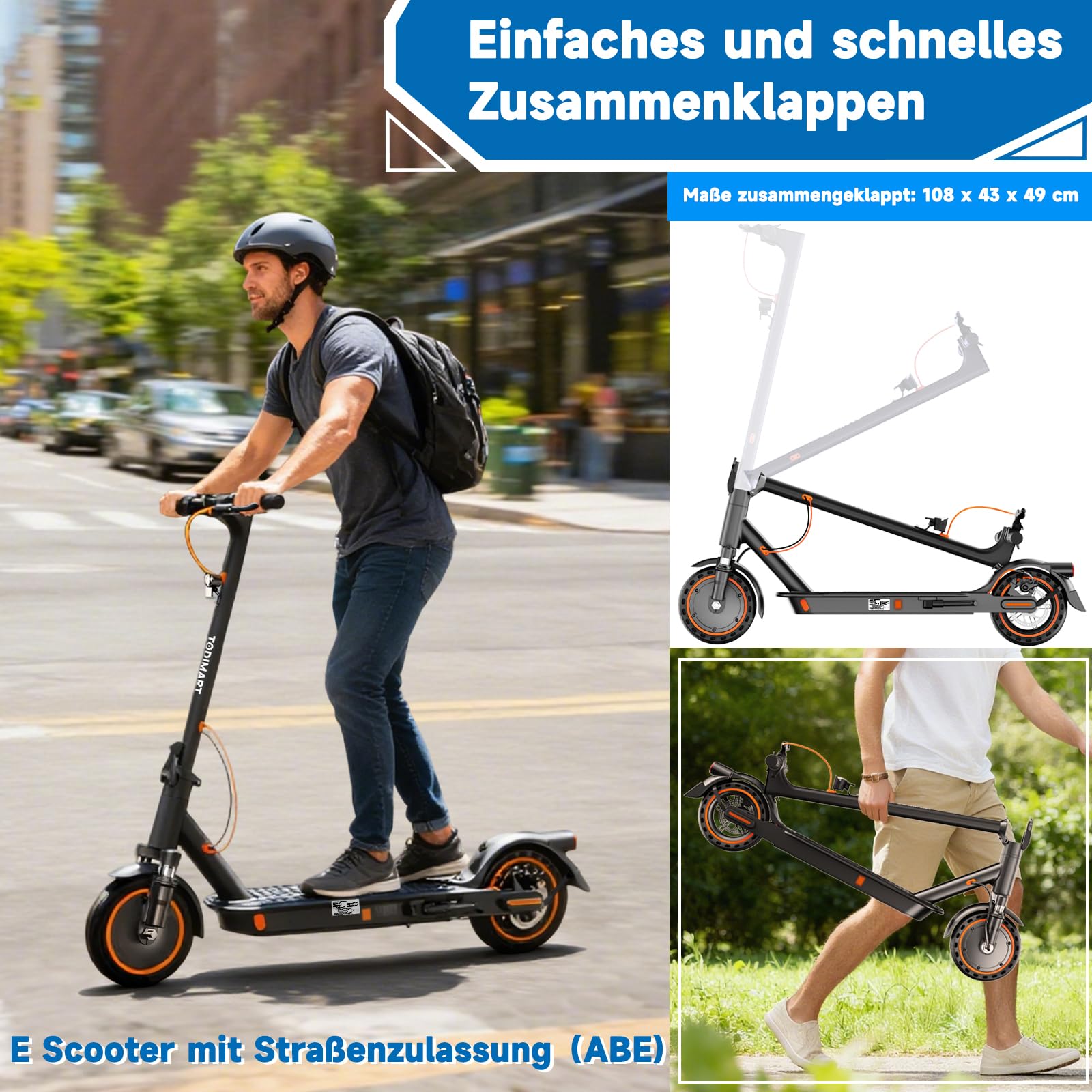 TODIMART E Scooter mit Straßenzulassung T6 DE Mit App, 35KM Reichweite, E Roller mit Doppelbremsen und Doppelfederungssystem, 120kg Tragkraft, Faltbarer Elektroscooter, 8,5 Fuß große Vollgummireifen