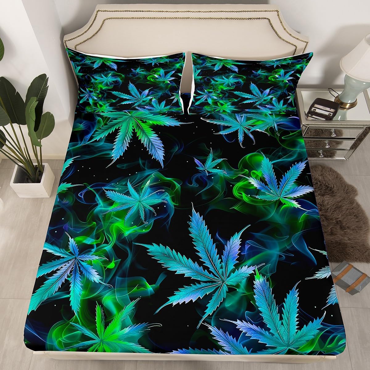 Cannabis Leaves Full Size Fitted Sheet,Green Marijuana Leaf Weed Psychedelic 3 Pieces Kids Teenager Room Decor Neon Teal Leaves Fog Smoke Trippy Pocket 2 Pillowcases