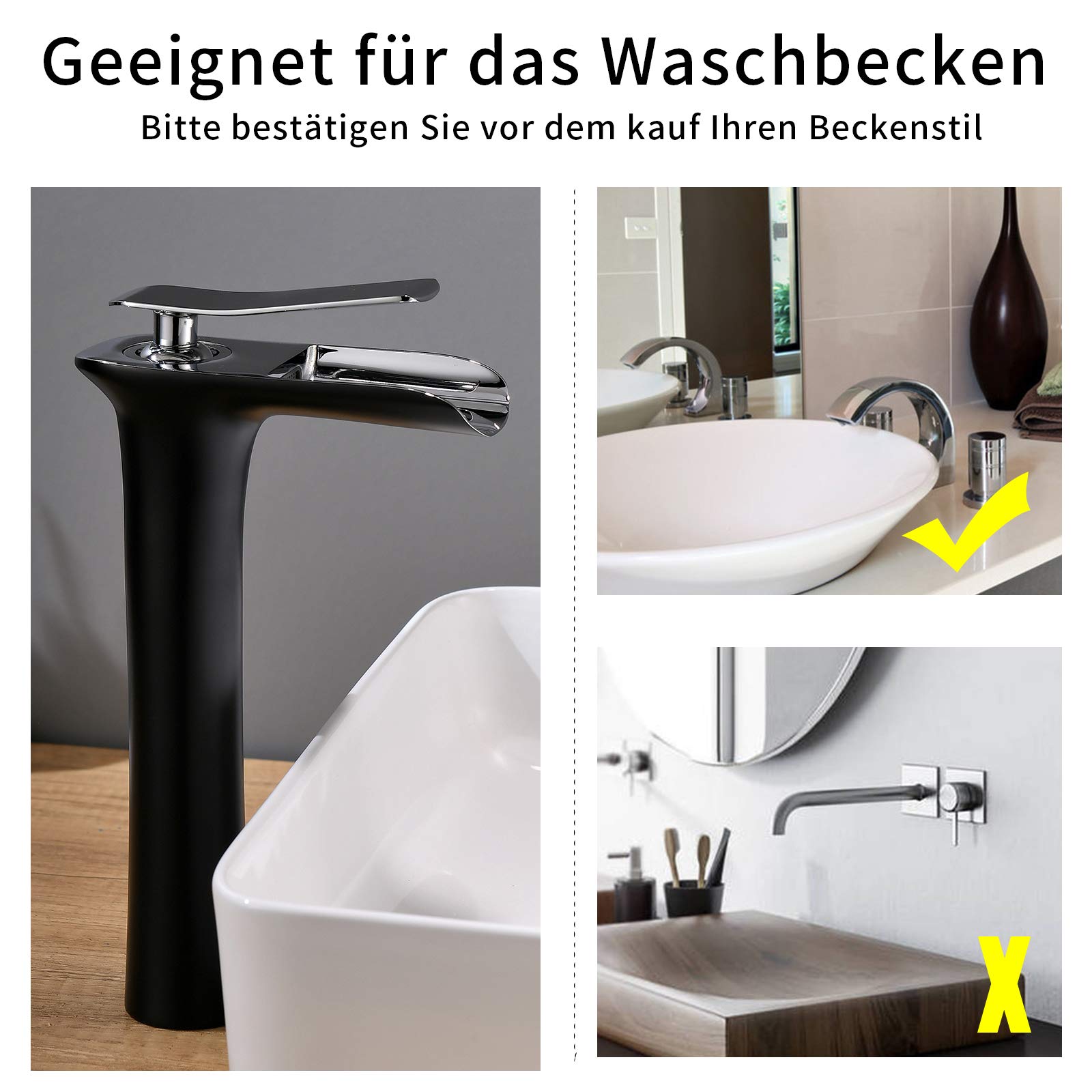 AIMADI Wasserhahn Bad Wasserfall Waschtischarmatur Hoch Badarmatur aufsatzwaschbecken Armatur Badezimmer Schwarz Chrom