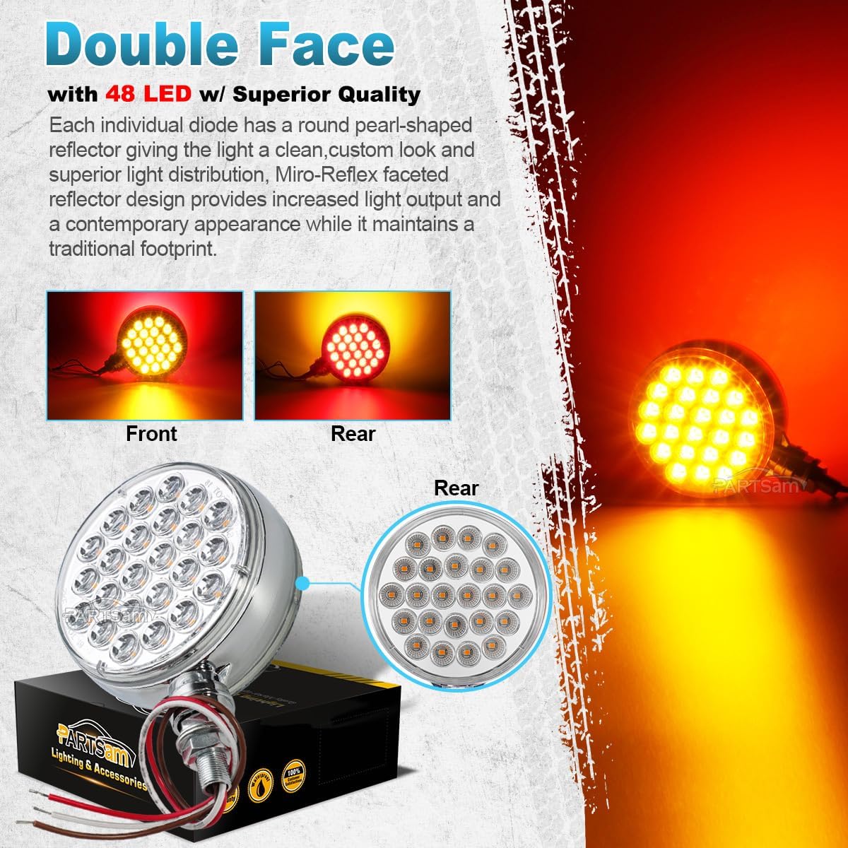 Partsam 2Pcs Double Face Round LED Pedestal Lights Fender Stop Turn Signal Tail Brake Lights Clear Lens 48 LED Post Mount Semi Trailer Replacement for Trailers Trucks, 10-30V
