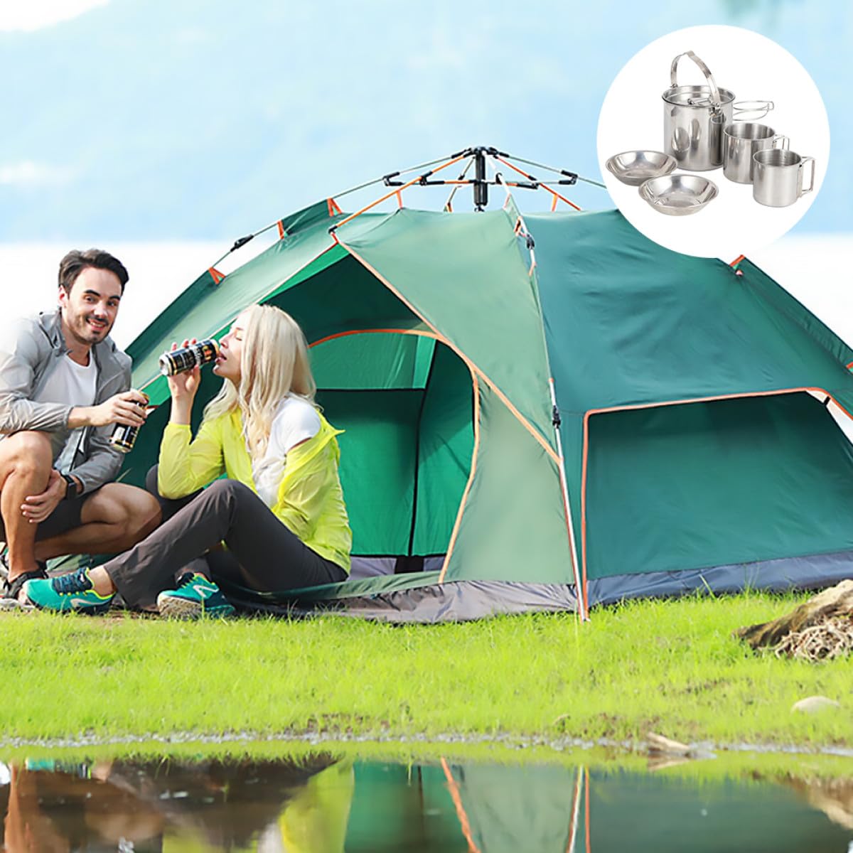 Toddmomy 2 Ensembles ensemble de bouilloire en acier inoxydable assiettes en buvant poêle set vaisselle camping Ensemble de vaisselle de camping ustensiles de cuisine de pique- Silver