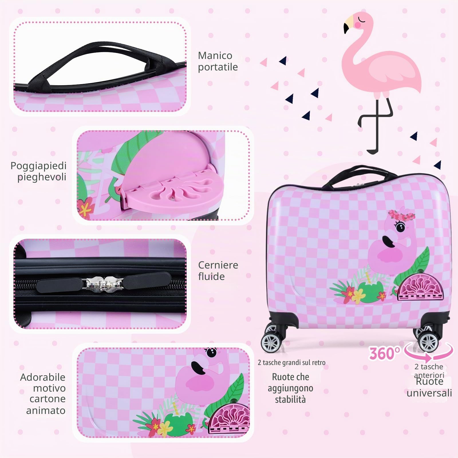 SOARS Set di Valigia Cavalcabile 18’’ + Zaino 12’’ per Bambini 2 Pezzi, Bagagli 2-in-1 di con Maniglia Telescopica e 4 Ruote, Trolley Bagaglio a Mano e Zaino per Bambini (Rosa Fenicottero)