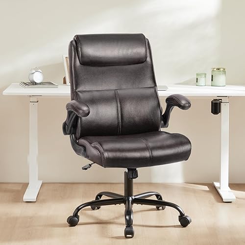 OLIXIS Silla de oficina ejecutiva ergonómica con respaldo medio con ruedas giratorias de 360, escritorio de computadora con soporte lumbar, piel