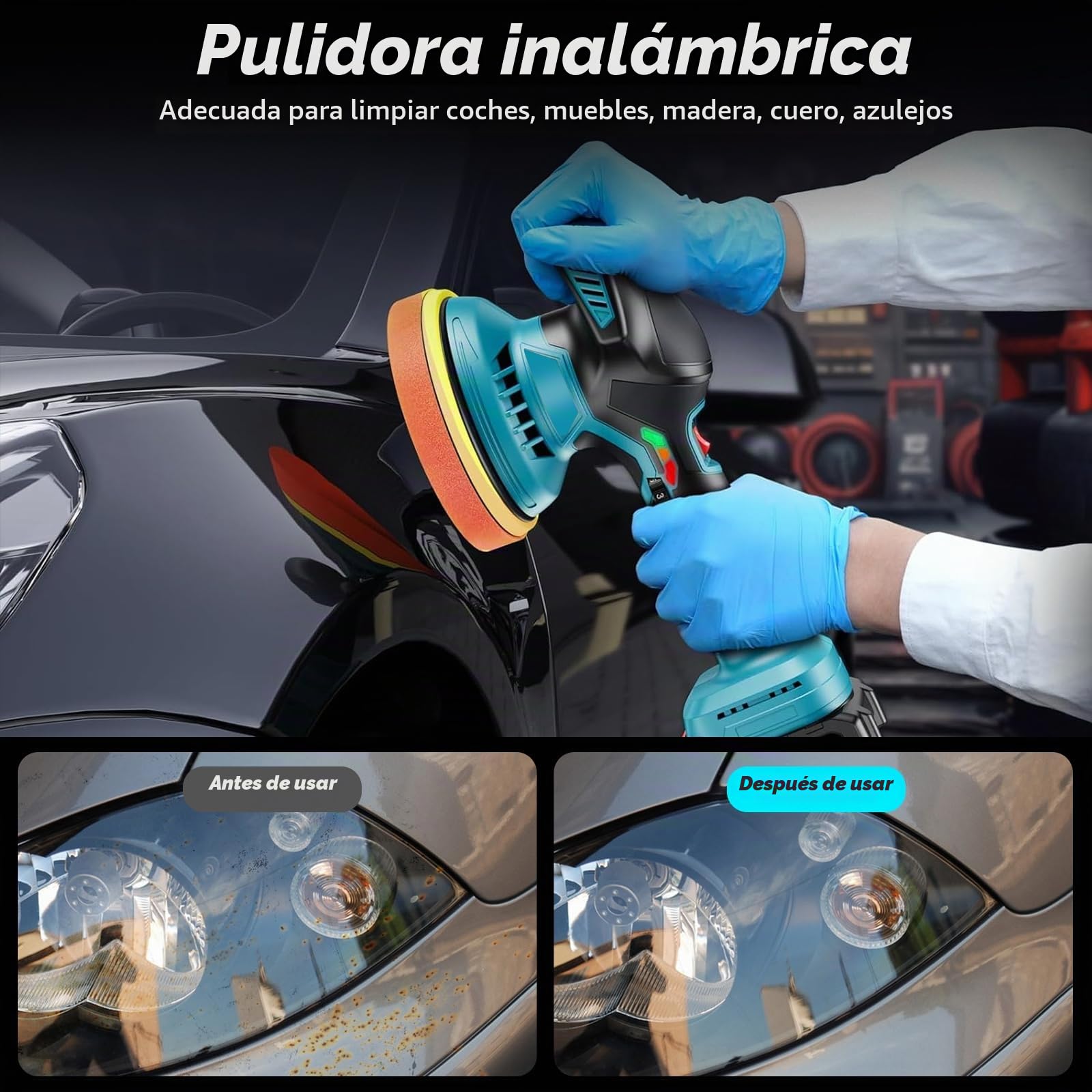 Pulidora Inalámbrica 21V, Máquina de Pulir y Encerar Coches, 6 Velocidades Variables Pulir de 5500 RPM, Pulidora para Encerar y Eliminar Arañazos del Coche, con 2 Baterías y Accesorios