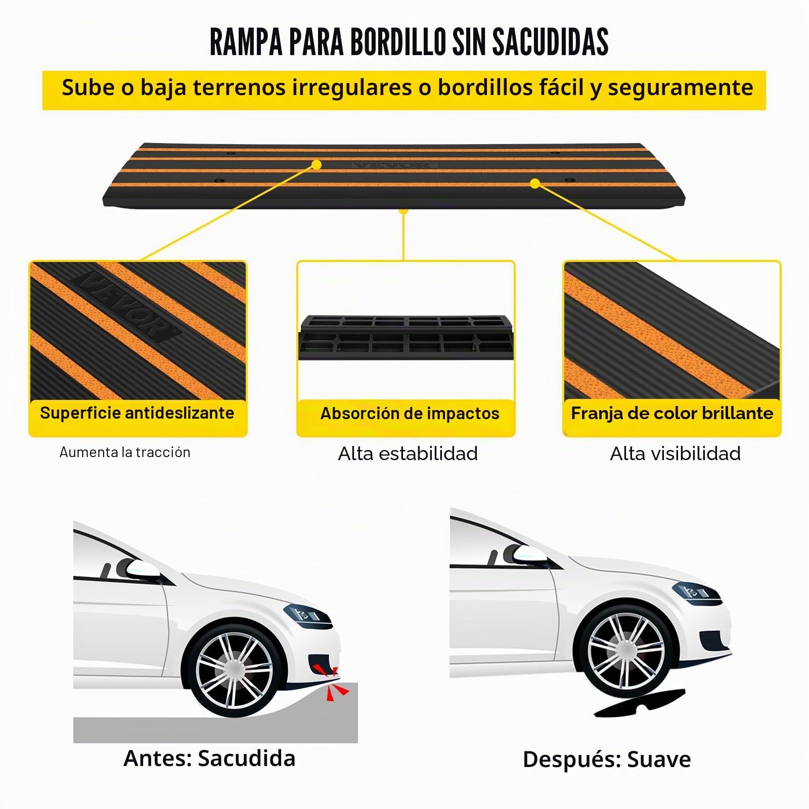 VEVOR Rampa de Umbral 6,5 ​​cm 2 Piezas Rampas de Goma para Acera Carga 15 T Rampa de Acceso para Sillas de Ruedas Antideslizante Extensible para Carga de Muelle Entrada de Garaje 122x40,5x6,5 cm