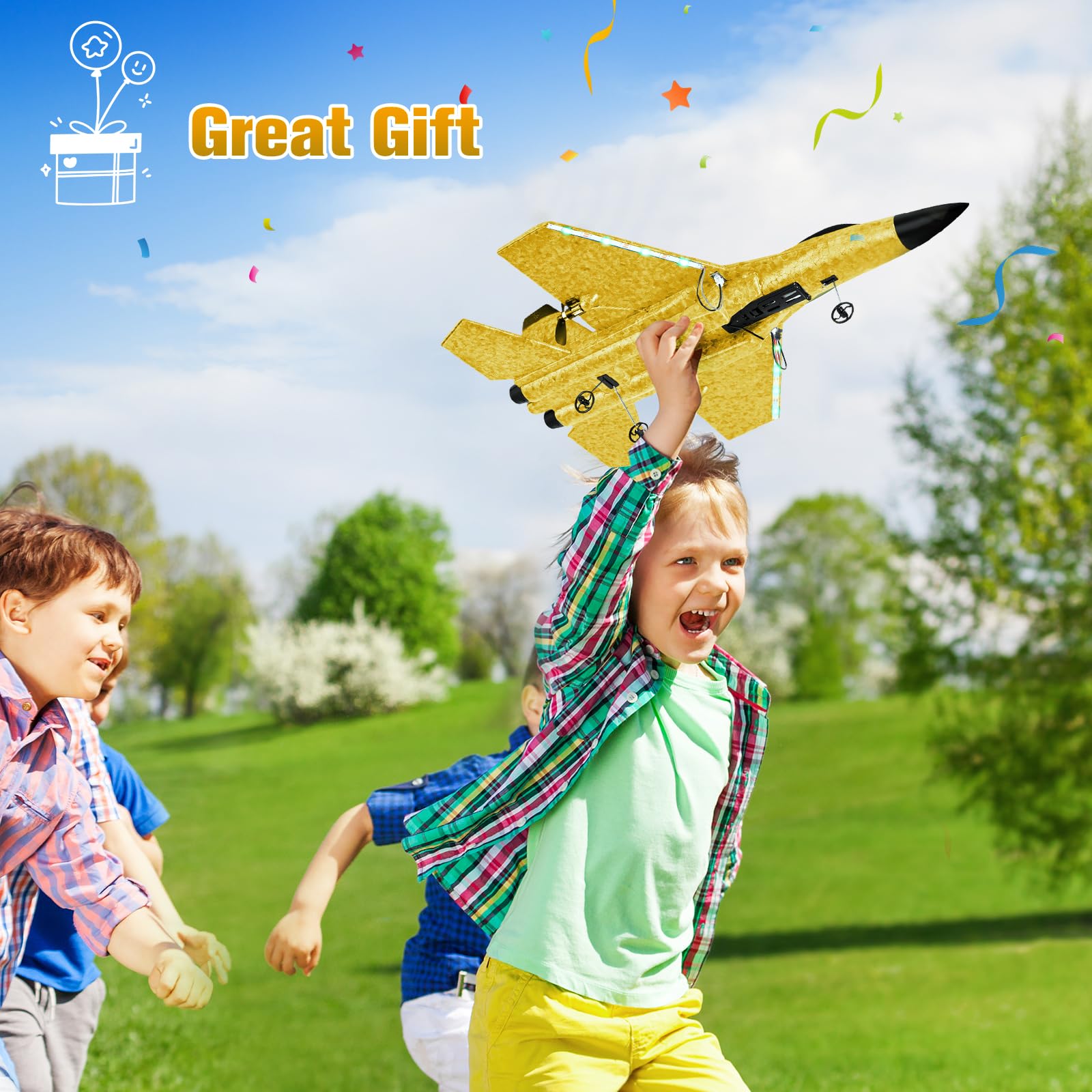Aereo RC 2,4 GHz, Aereo Telecomandato con Giroscopio a 3 Assi, Aereo da Combattimento in Schiuma 2 Canali con 2 Batterie e Luci LED, Facile da Pilotare per Principianti Bambini Adulti, Giallo