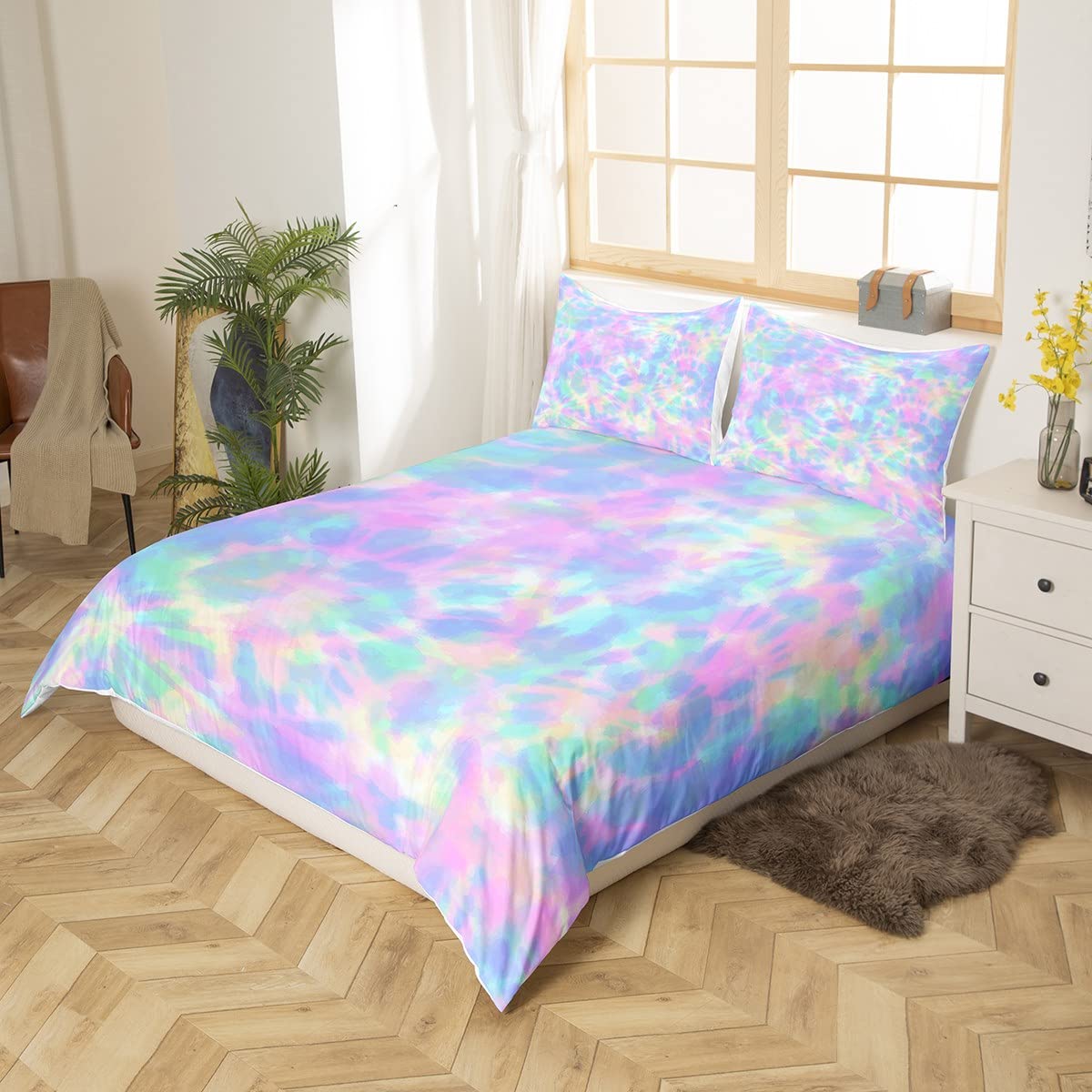 Juego de ropa de cama de teñido anudado arcoíris, tamaño Super King para niñas y mujeres, funda de edredón colorida de teñido anudado pastel para niños y adolescentes, funda de edredón de remolino