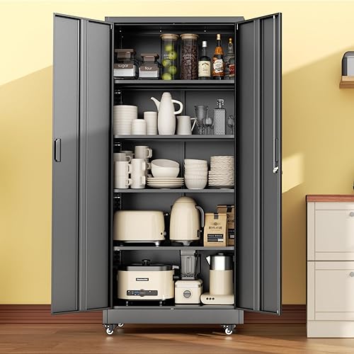 Vista 108 de INTERGREAT Armario de almacenamiento de metal, armarios de acero con cerradura de 72 pulgadas de alto con puertas de bloqueo, armario de Gris blanco