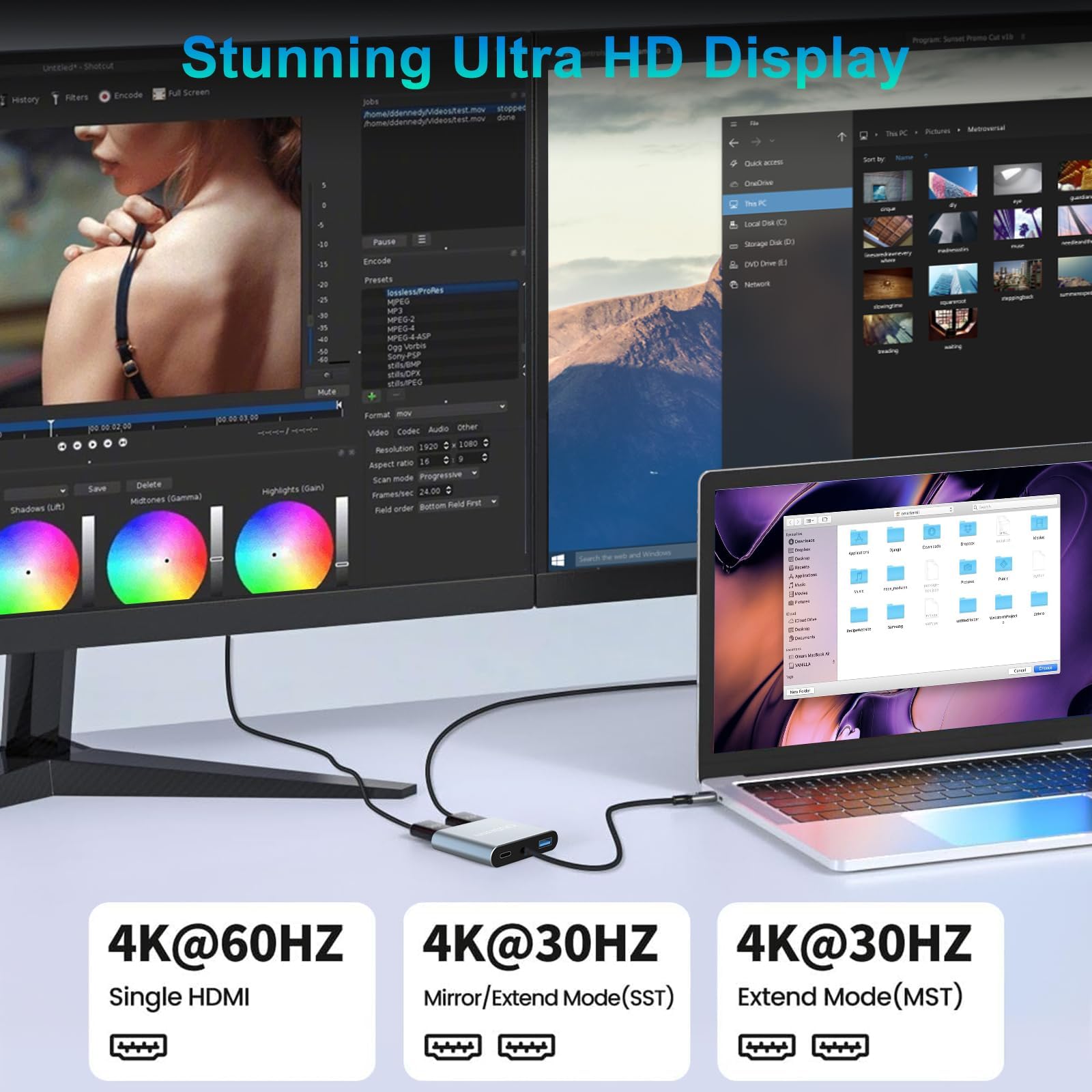 USB C a Dual HDMI Adapter 4K@60Hz, USB C Hub 4 in 1 Adapter con 2 HDMI 4k, USB 2.0, 100W PD, Compatible con MacBook/MacBook Pro Air/DELL/Samsung Galaxy