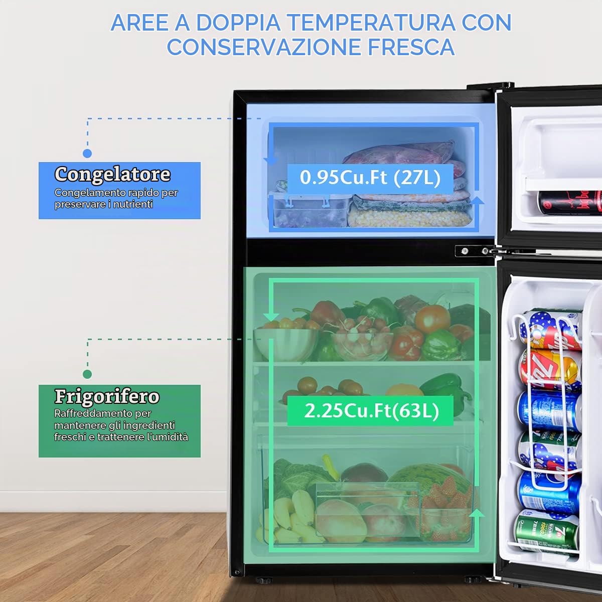 GYMAX Frigorifero 90 L Combinato 63L con Temperatura Regolabile da 0 a 10 °C e Congelatore 27L con Temperatura di -15 °C e per Case/Alberghi/Dormitori (Grigio)