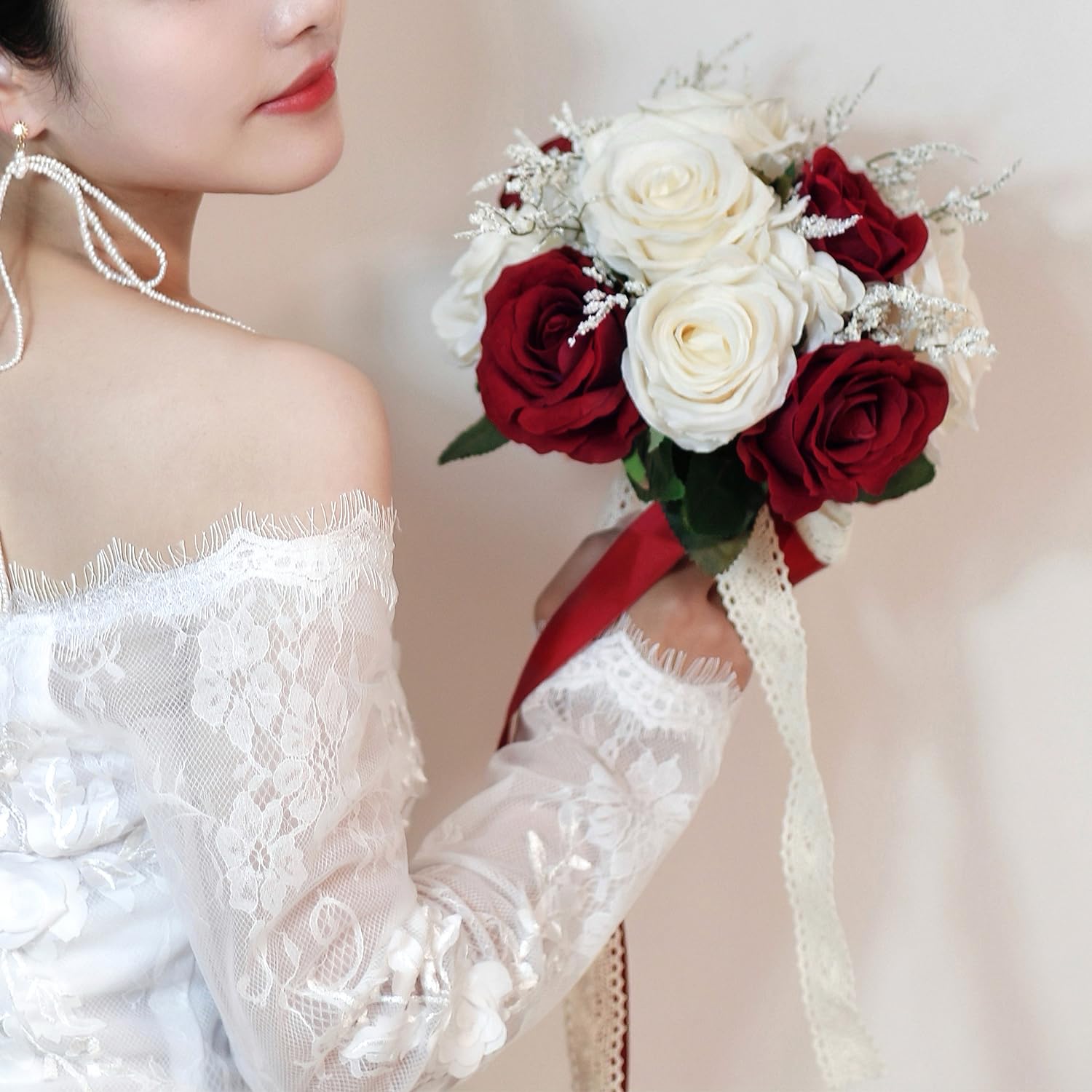 Hochzeitssträuße für Braut, Brautjungfer, weiß, champagnerrot, Burgunderrot, künstliche Rose, künstliche Seidenblumen, Brautsträuße für Hochzeit, mit Band, Boho, rustikale Kirchendekoration