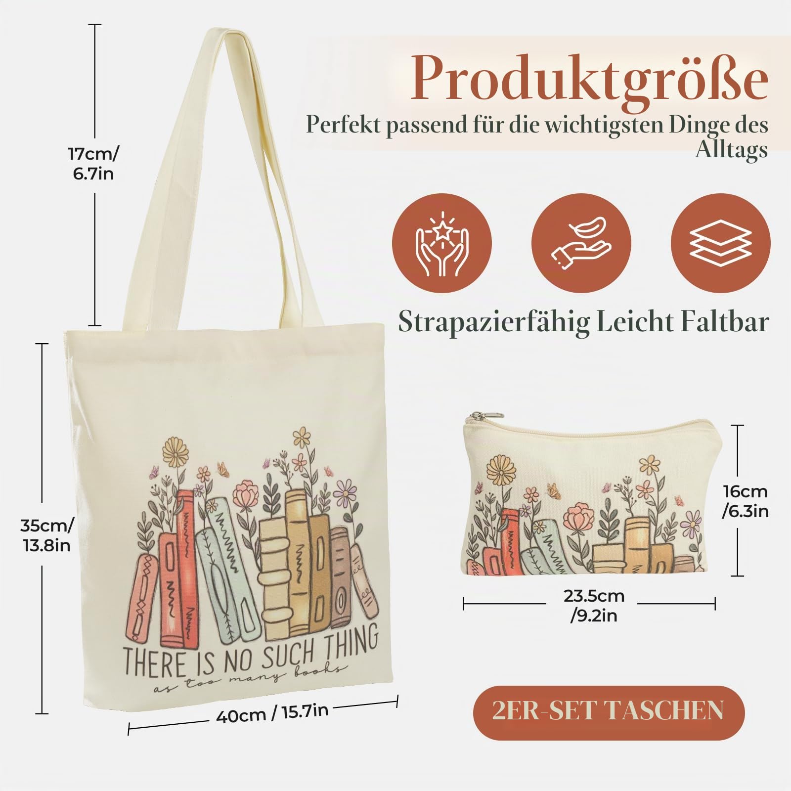 BROADREAM Canvas-Tragetasche für Mädchen, große Umhängetasche mit Reißverschluss und Kosmetiktasche