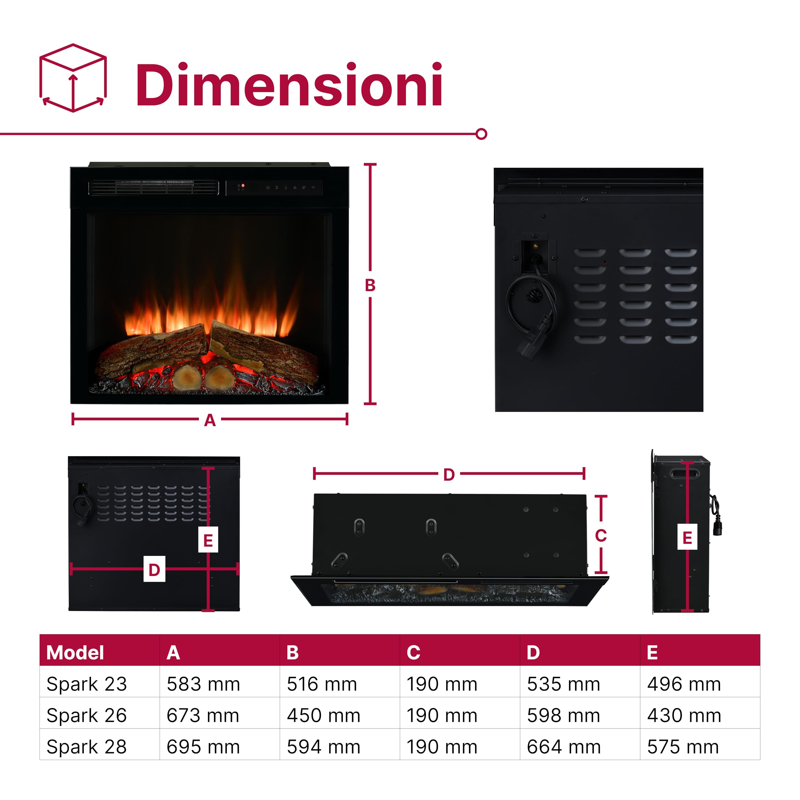 Dimplex Spark 26" Camino Elettrico da Incasso Camino Elettrico da Parete con Termoventilatore 2 kW Effetto Fiamma LED Optiflame, Velocità e Luminosità Regolabili Incluso Timer e Telecomando