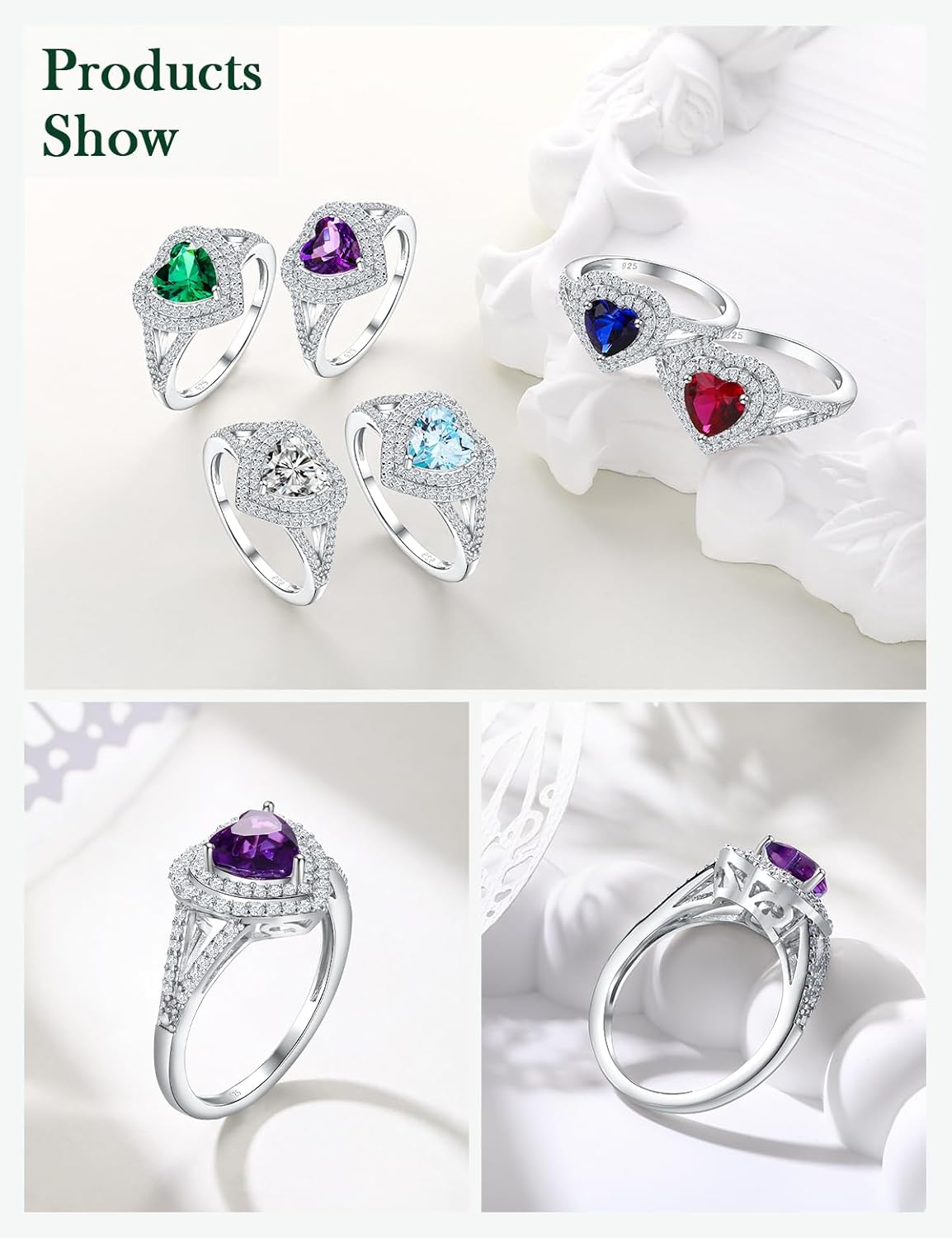 Birthstone Rings for Women 925 Sterling Silver Created Gemstone Cubic Zirconia Ring Heart/Pear/Round/Cushion/Emerald/Oval Engagement Double Halo Ring Size 6 to 10