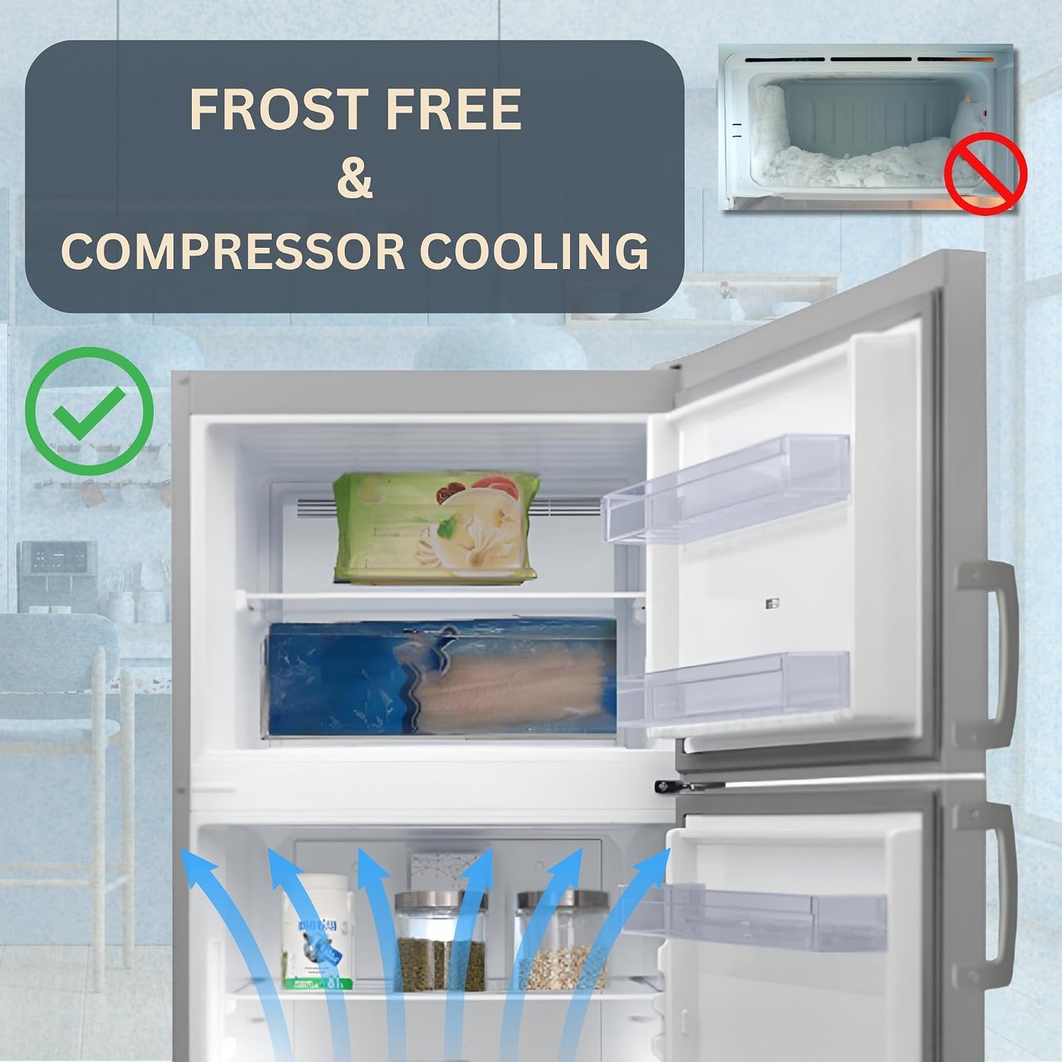 Equator 14.3 cu.ft Top Mount Refrigerator Freezer – Made in Europe, Energy Star, Frost Free, Stainless Steel, Adjustable Glass Shelves, LED Light, Reversible Door, Family & Apartment Kitchen Fridge