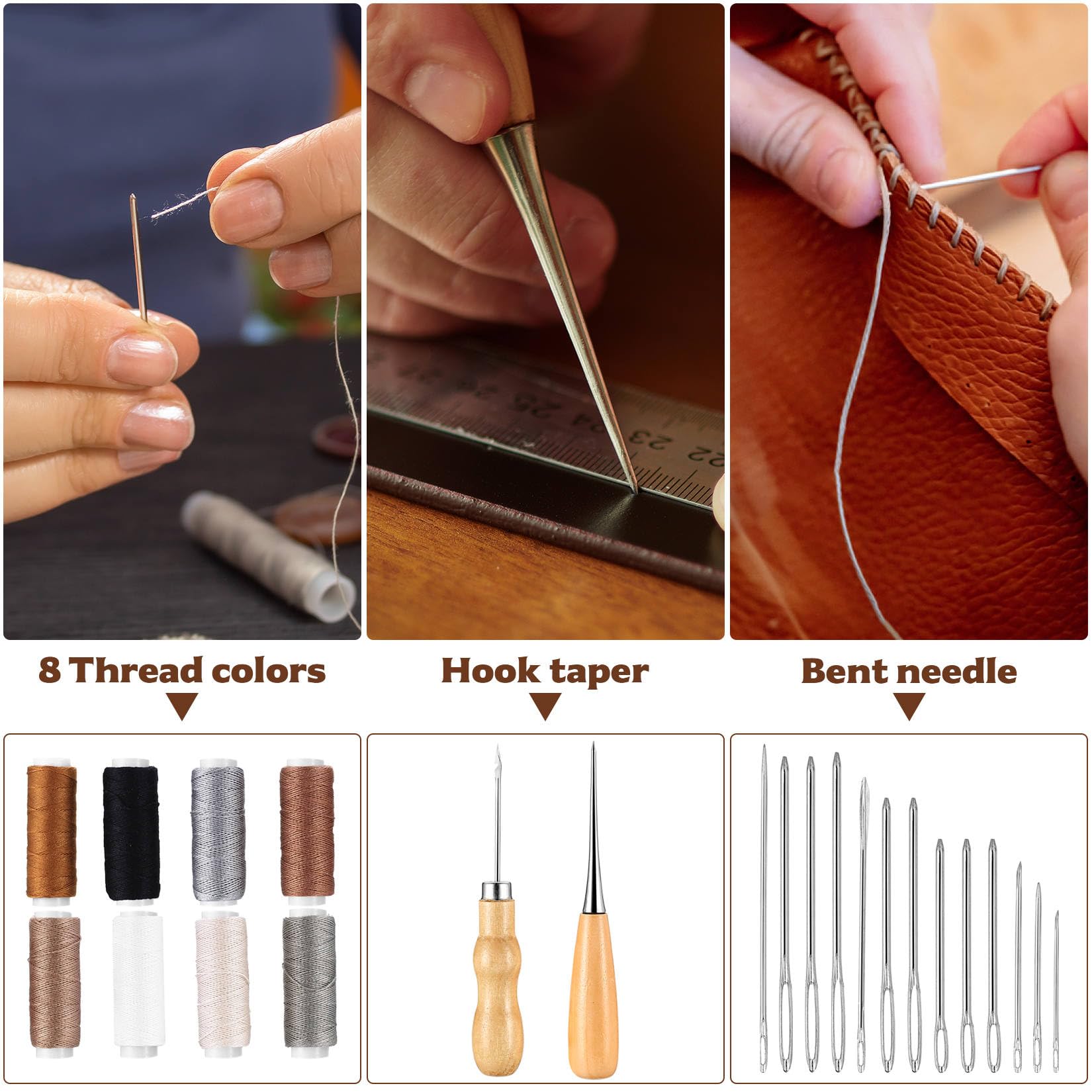 Kit Cucito Pelle 30 Pezzi Professionale | Con Filo Cerato, Aghi E Punteruolo - Per Riparazioni Fai Da Te - Foto 5
