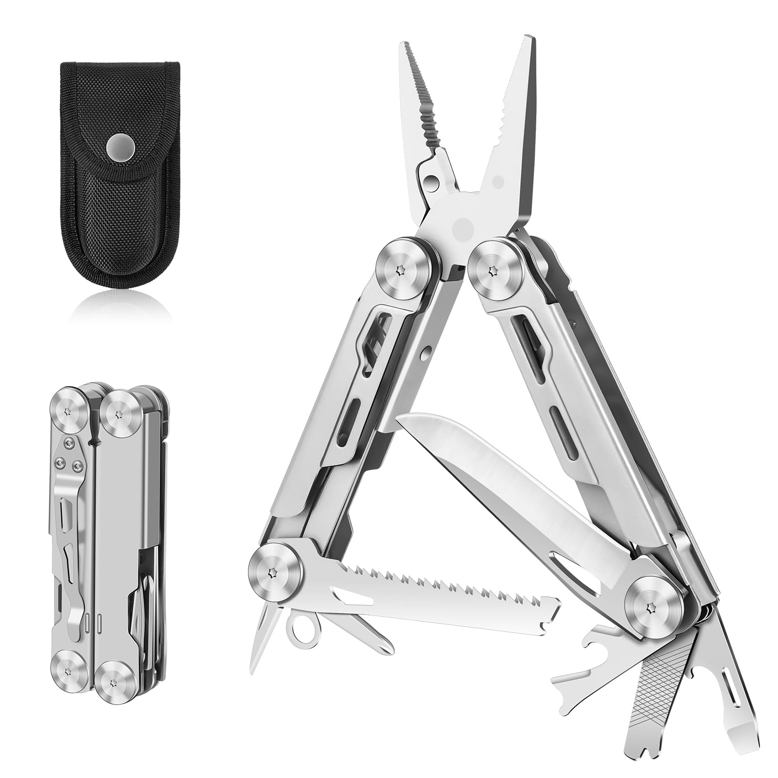 Multitool 19-in-1 with Safety Lock, Professional 440A Stainless Steel Multi Tool Pliers Pocket Tool, Foldable Multitools with Nylon Sheath for Outdoors, Survival, Camping, Hiking, Repairing