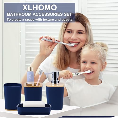 Miniatura 4 de Juego de 9 accesorios de baño, azul marino, hueco, cubo de basura, soporte y recipiente para cepillos de dientes, dispensador de jabón, bandeja de