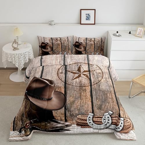 Juego de edredón de vaquero, tamaño Queen, juego de ropa de cama de herradura con estrellas del oeste de Texas para adultos, hombres y niños, ropa