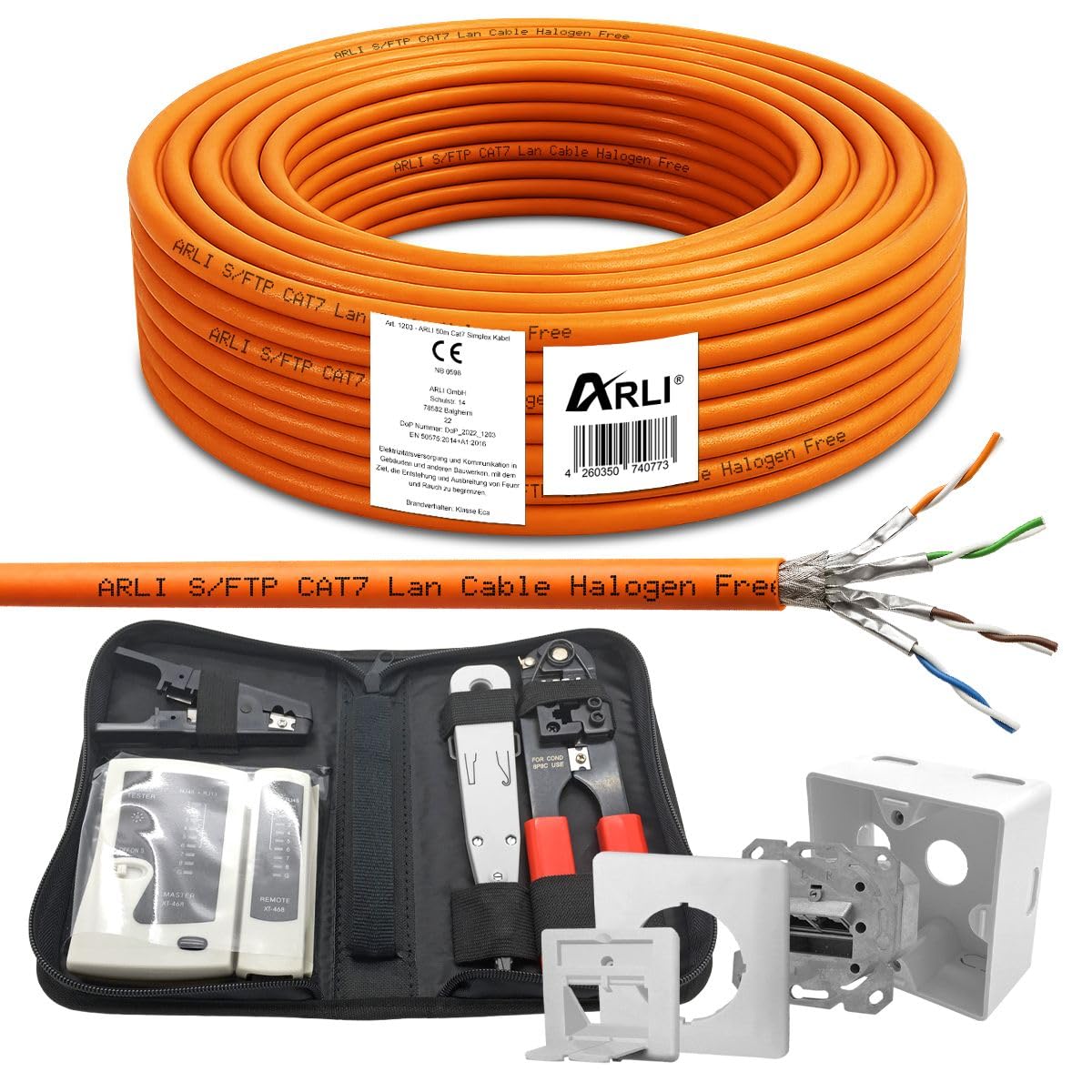 ARLI CAT 7 50m Verlegekabel Netzwerkkabel CAT.7 + 1x Netzwerkdose Cat6a + 1x Werkzeugset Crimpzange Abisoliermesser Tester Netzwerk Werkzeug Set 4 in 1 S/FTP CAT7 PIMF Kabel AWG23/1 Ethernet 50 m