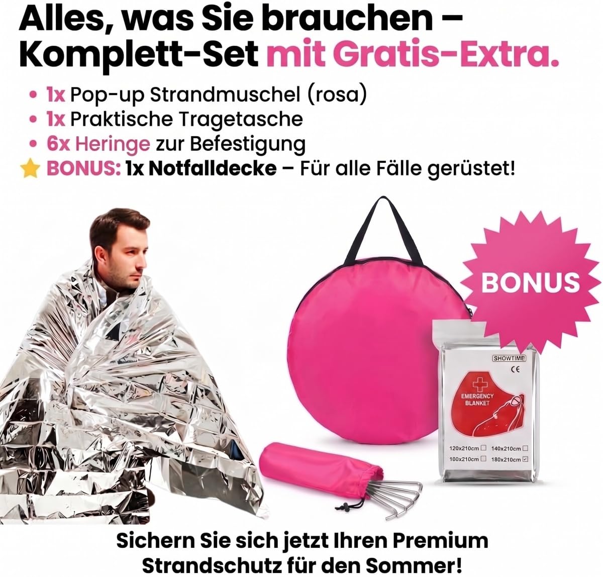 XXL Strandmuschel Pop Up, 200cm x 165cm x 130cm, Outdoor strandzelt für 3-5 Personen, UPF 50+ uv Schutz (pink)