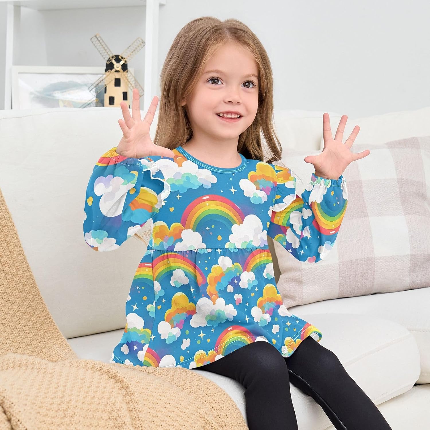 visesunny Toddler Clothes for Girls Colorful Sky Rainbow Long Sleeve Fall Shirts Cotton Top with Ruffle Collar