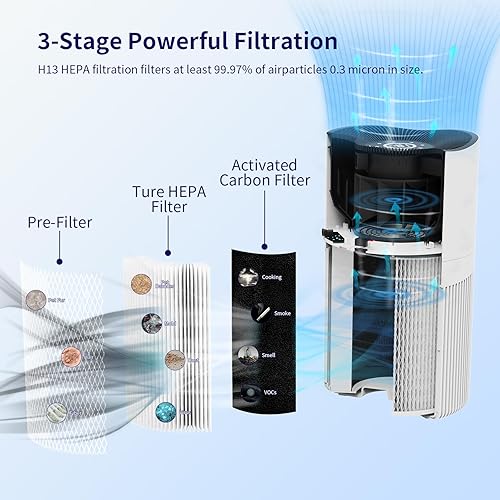 Miniatura 3 de Zendar Purificador de aire para habitaciones grandes, purificador de aire True HEPA H13, ionizador negativo de aire, elimina eficazmente el 99.97%