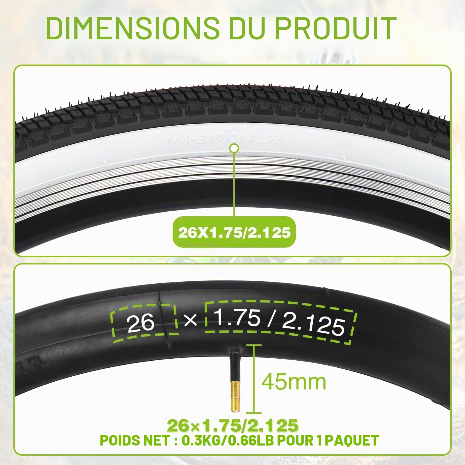 Lot de 1/2 pneus de vélo VTT 26 x 1,75" + chambre à air 26 x 1,75/2,125" + 2 démonte-pneus pour VTT / vélo de ville / vélo de route