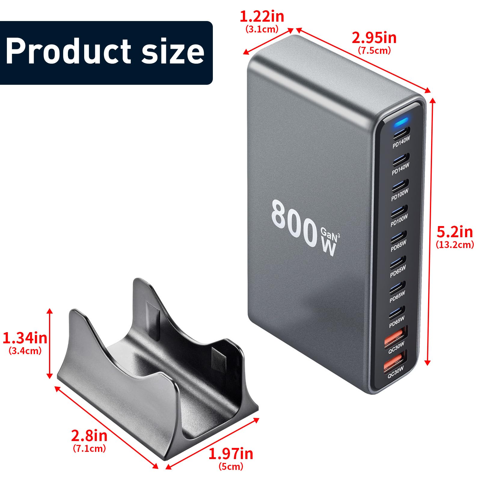 GaN3 800 W ładowarka USB C, 8 portów USB-C (140 W/100 W/65 W) i 2 porty USB-A (30 W QC) – kompaktowa ładowarka wielofunkcyjna, kompatybilna z laptopami, iPhone 15/16, Galaxy, PS5 do podróży