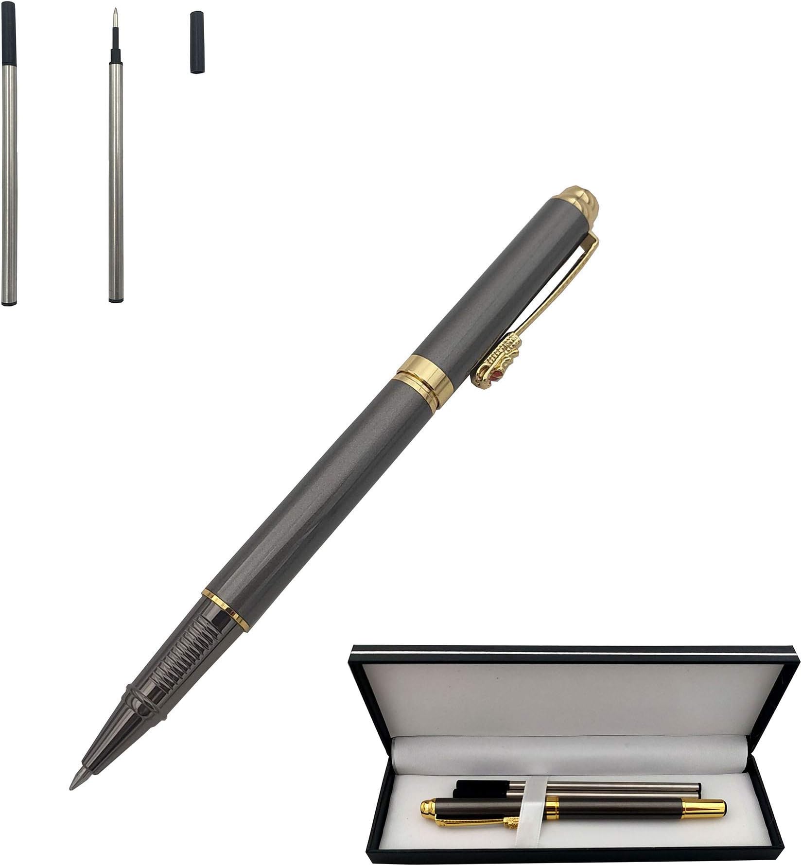 Accod Classic Business Metal Ballpoint Pen Signature Pen Rollerball Gel Pen High-end Gift Box with Two Replaceable Refills for Office Family and Business Partners (Grey)