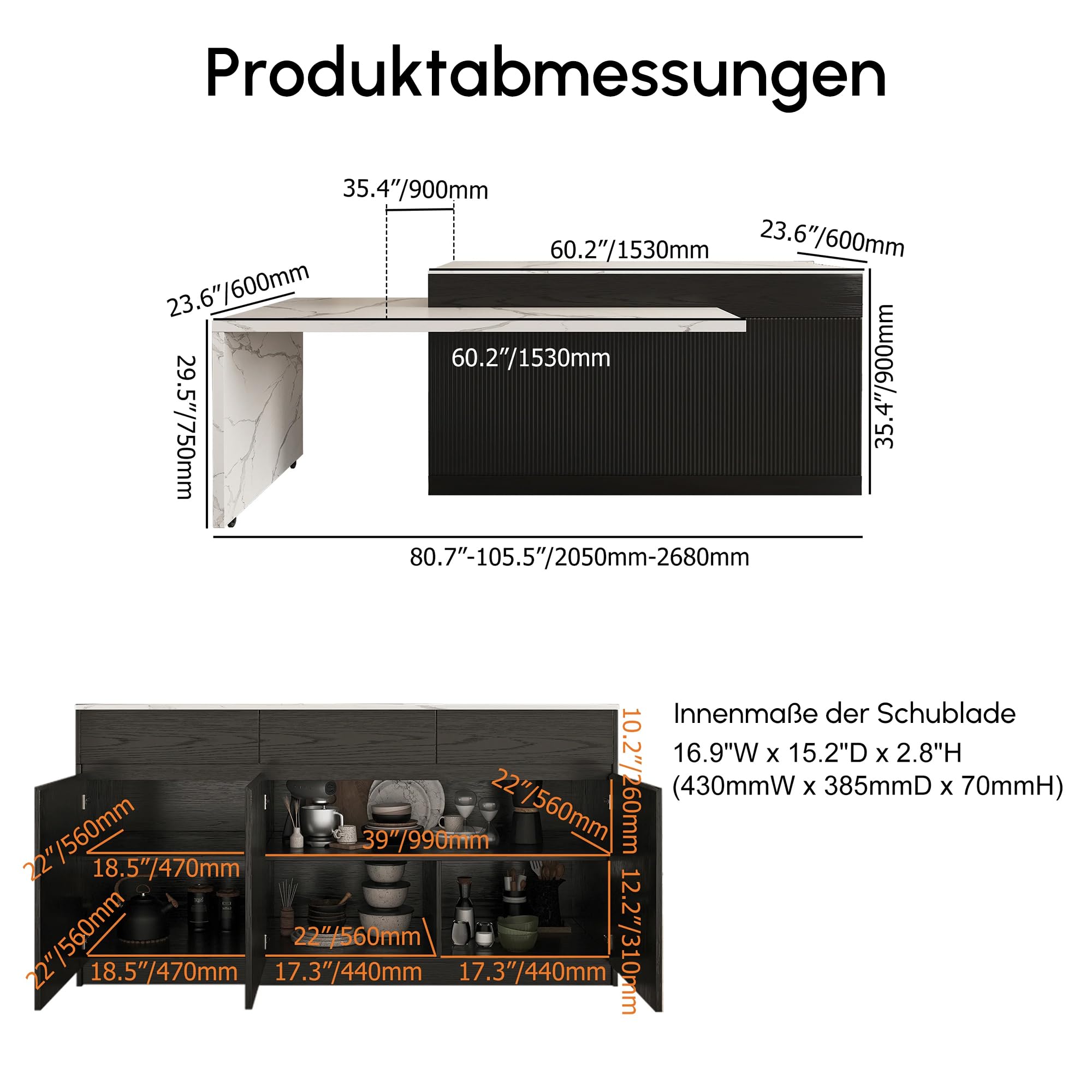 Homary Ausziehbarer Kücheninsel Freistehend Schwarze mit Stauraum und Sinterstein Arbeitsplatte, Umwandelbarer Esstisch für Küche und Esszimmer, 205-268cm x 90cm