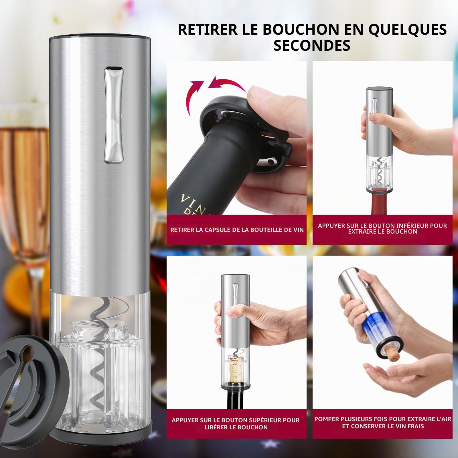 CIRCLE JOY Ensemble de Tire Bouchon Électrique 4-en-1 avec Ouvre Bouteille Rechargeable, Verseur Rechargeable, Coupe-Capsule et Bouchon à Vin sous Vide, Ensemble Cadeau pour Amateurs de Vin, Argent