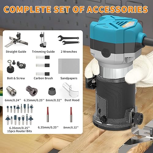 Miniatura 8 de TWOWIN Herramienta de enrutador, 6.5 Amp 1.25 HP Herramienta de enrutador de madera de mano, enrutador compacto de palma para carpintería, 6