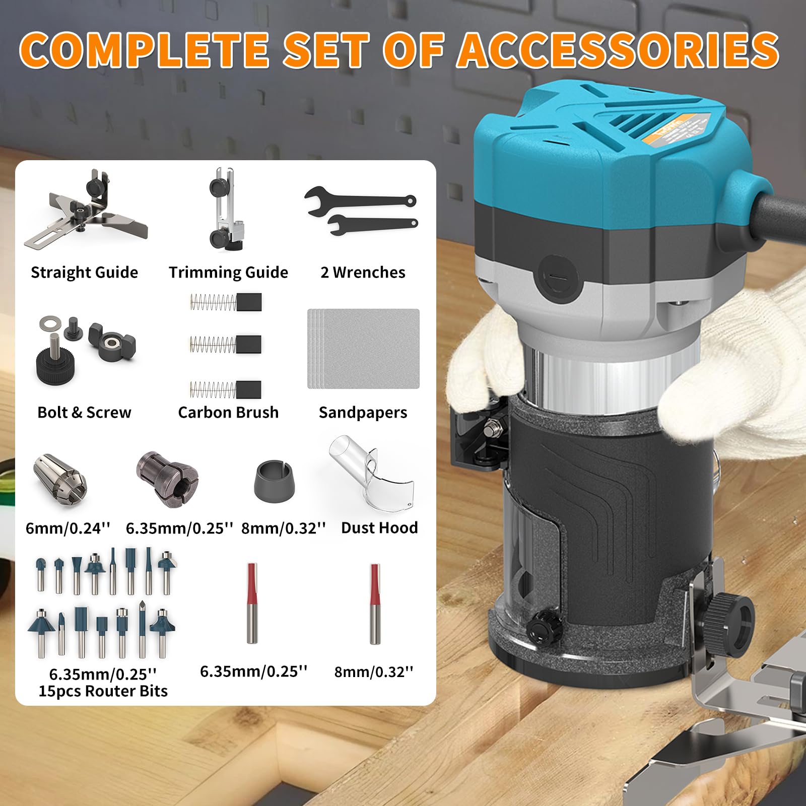 TWOWIN Herramienta de enrutador, 6.5 amperios, 1.25 HP, herramienta de enrutador de madera de mano, enrutador compacto de palma para carpintería, 6 velocidades variables, enrutador laminado de base