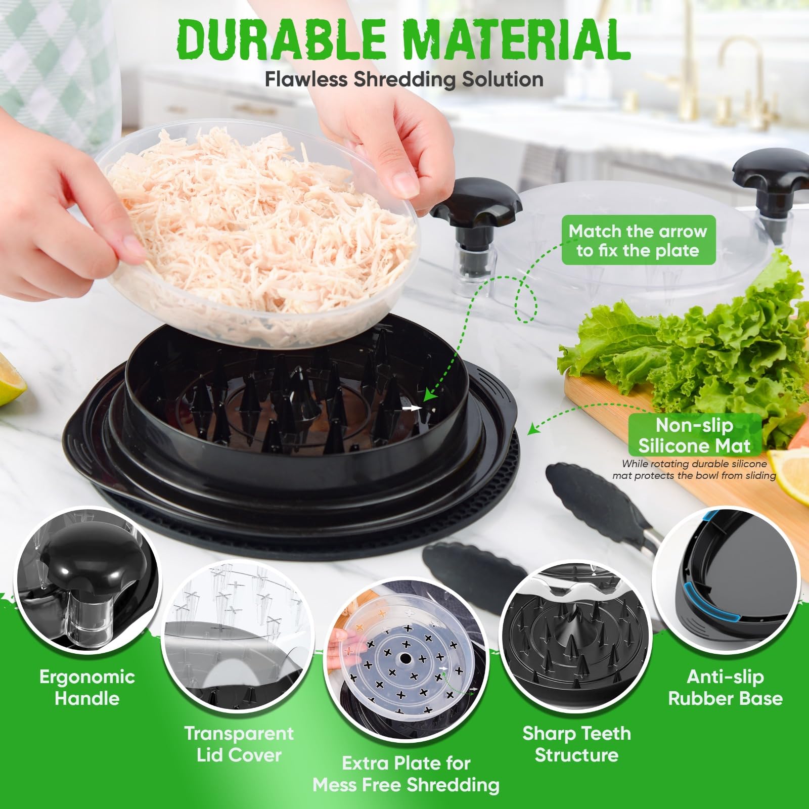 Chicken Shredder Tool Twist Large Breast Shredder with Heat Resistant Tong, Cleaning Brush, Silicone Mat & Plate | Meat Shredder Tool Twist, Anti-Slip Strip, Ergonomic Handle | Shred Chicken, Beef