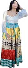 Mogul Interior Women's Sky Blue & Red Patchwork Maxi Skirt – Boho Hippie Flared Skirt S/M/L