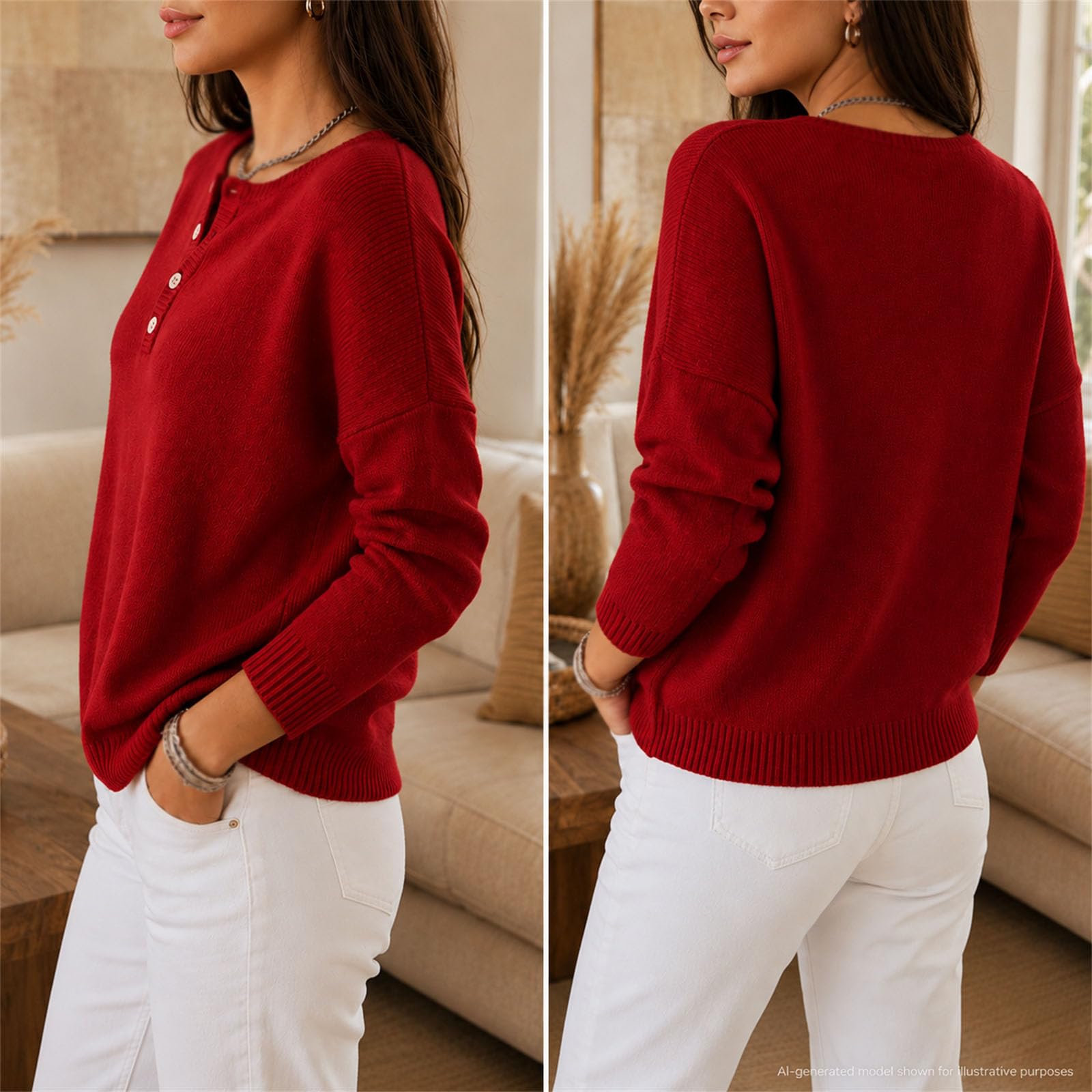 Damski sweter Henley z długim rękawem okrągły dekolt luźny krój dzianinowy | Henley zapinana na guziki długi rękaw luźny sweter z dzianiny na co dzień jesienne stroje do pracy i weekendu