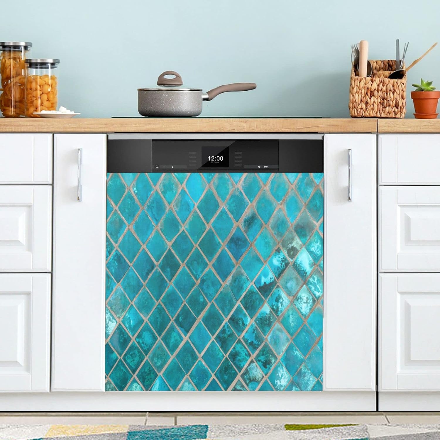 Turquoise Ceramic Mosaic Dishwasher Magnet Cover Moroccan Pattern Green Teal Magnetic Sticker Dish Washer Door Panel Cover Fridge Appliance Magnet Decal Sheet Kitchen Decor 23x26 inch