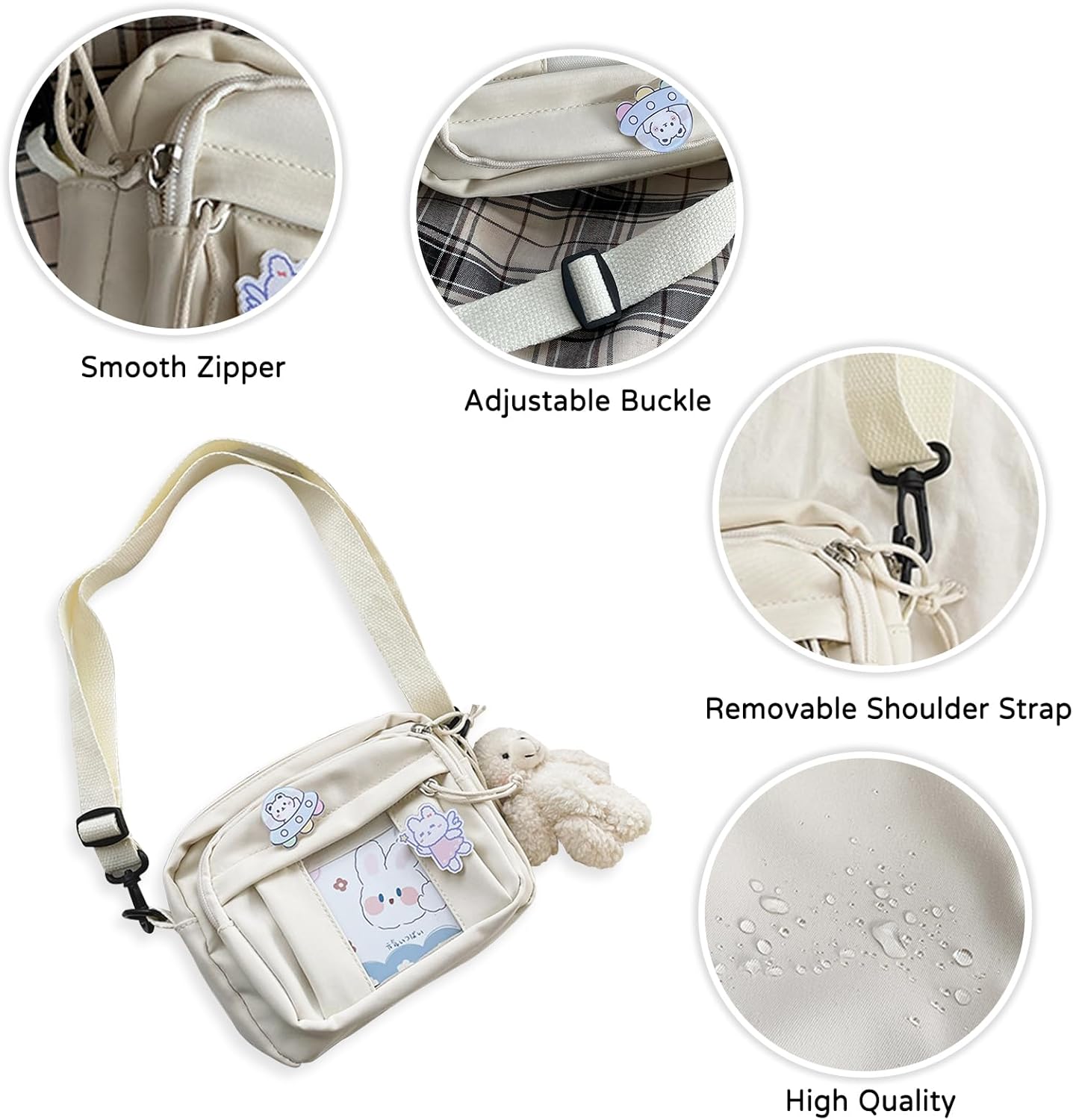 PORRASSO Ladies Crossbody Bag Cute Shoulder Bag with Bear Pendant Nylon Messenger Bag Satchel for Travel Daily Use Black B