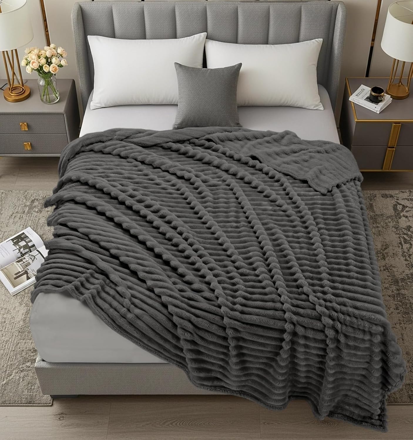 Utopia Bedding Grey Striped Fleece Blanket King Size – Fluffy, Warm & Lightweight Ribbed Throw for Bed, Sofa & Chair - Soft Cozy Blanket for Home Décor & Gifting (90x102 Inches)